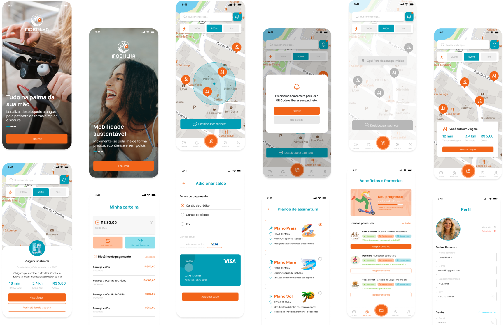Principais telas do aplicativo Mobi Ilha